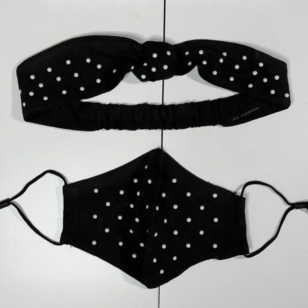 SOLD NWT Lele Sadoughi Black Pearl Dot Headband and Face Mask Set Gossip Girl OS - Picture 8 of 8